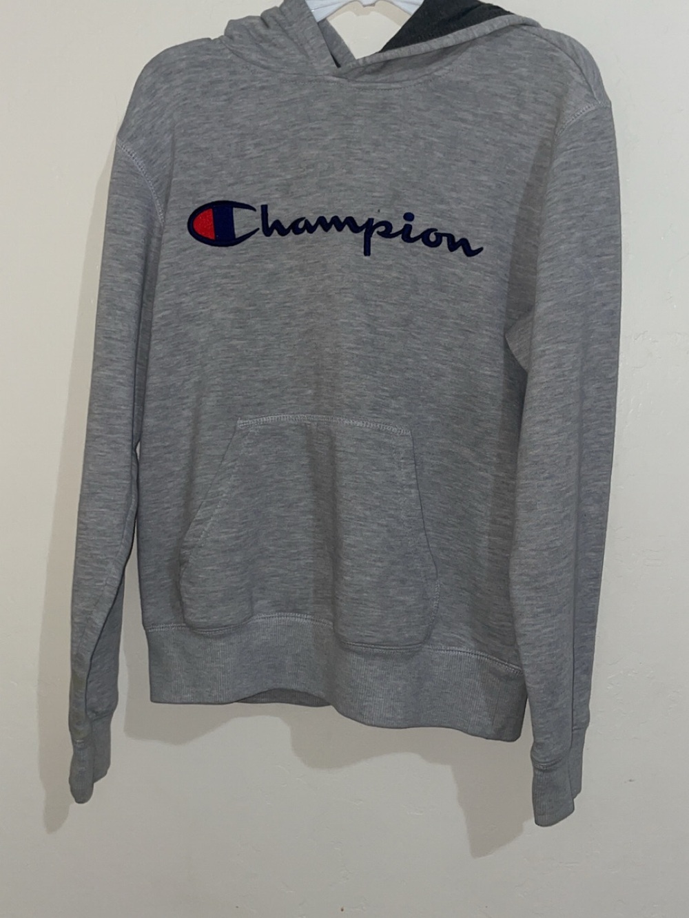 Champion Gray Crewneck Hoodie with Navy & Red Logo